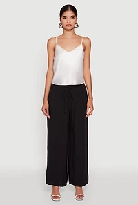 Womens Tie Front Wide Leg Palazzo Pants, Black,