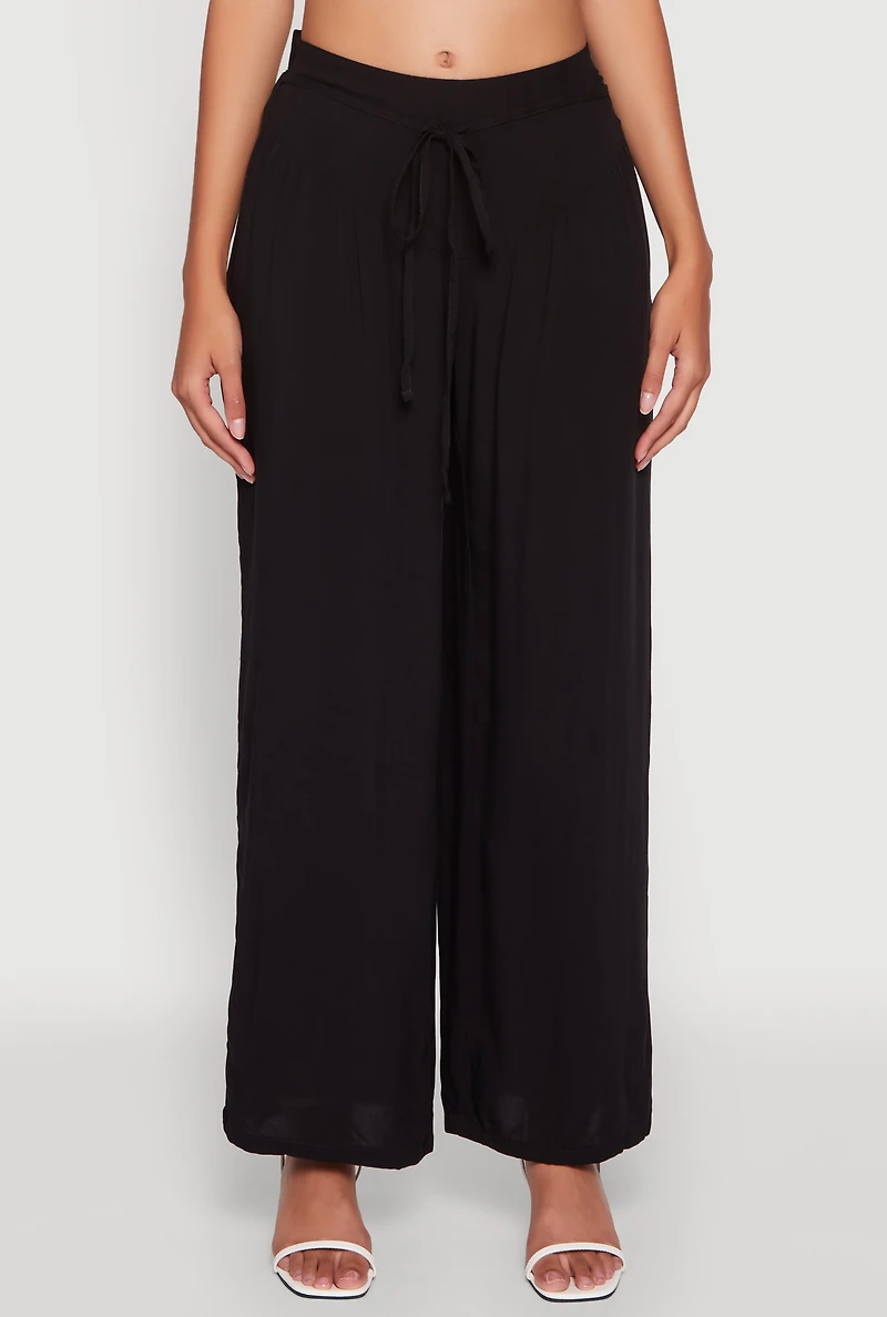 Womens Tie Front Wide Leg Palazzo Pants, Black, Size L