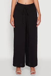 Womens Tie Front Wide Leg Palazzo Pants, Black, Size L