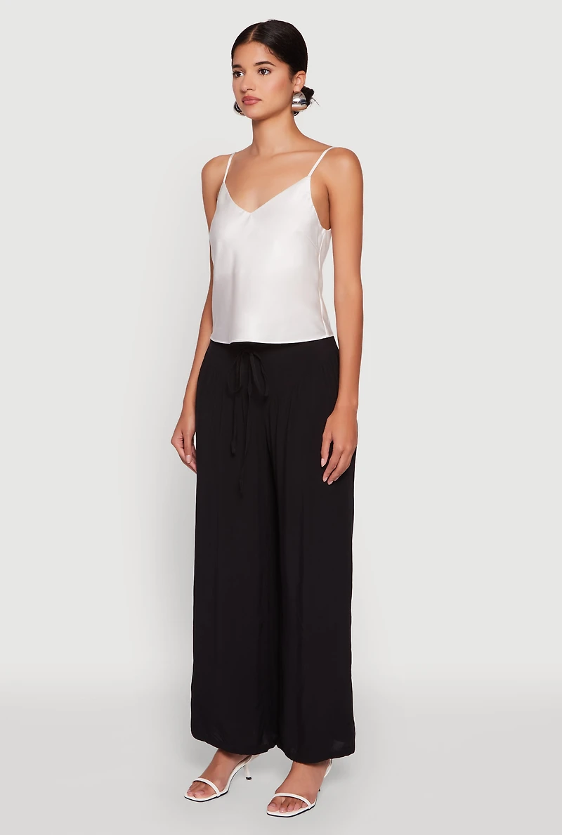 Womens Tie Front Wide Leg Palazzo Pants, Black, Size XL