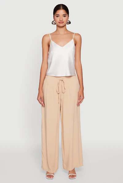 Womens Tie Front Wide Leg Palazzo Pants, Khaki, Size L