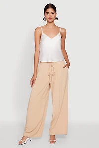 Womens Tie Front Wide Leg Palazzo Pants, Khaki, Size S