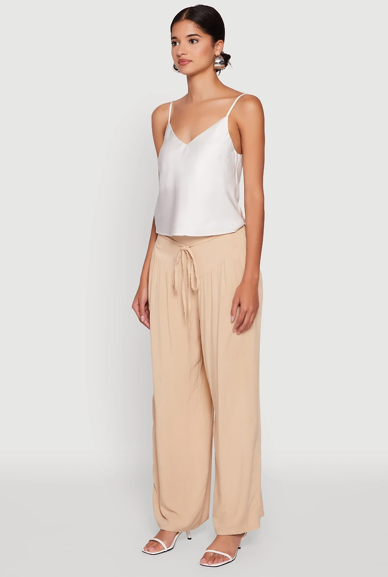 Womens Tie Front Wide Leg Palazzo Pants, Khaki, Size S