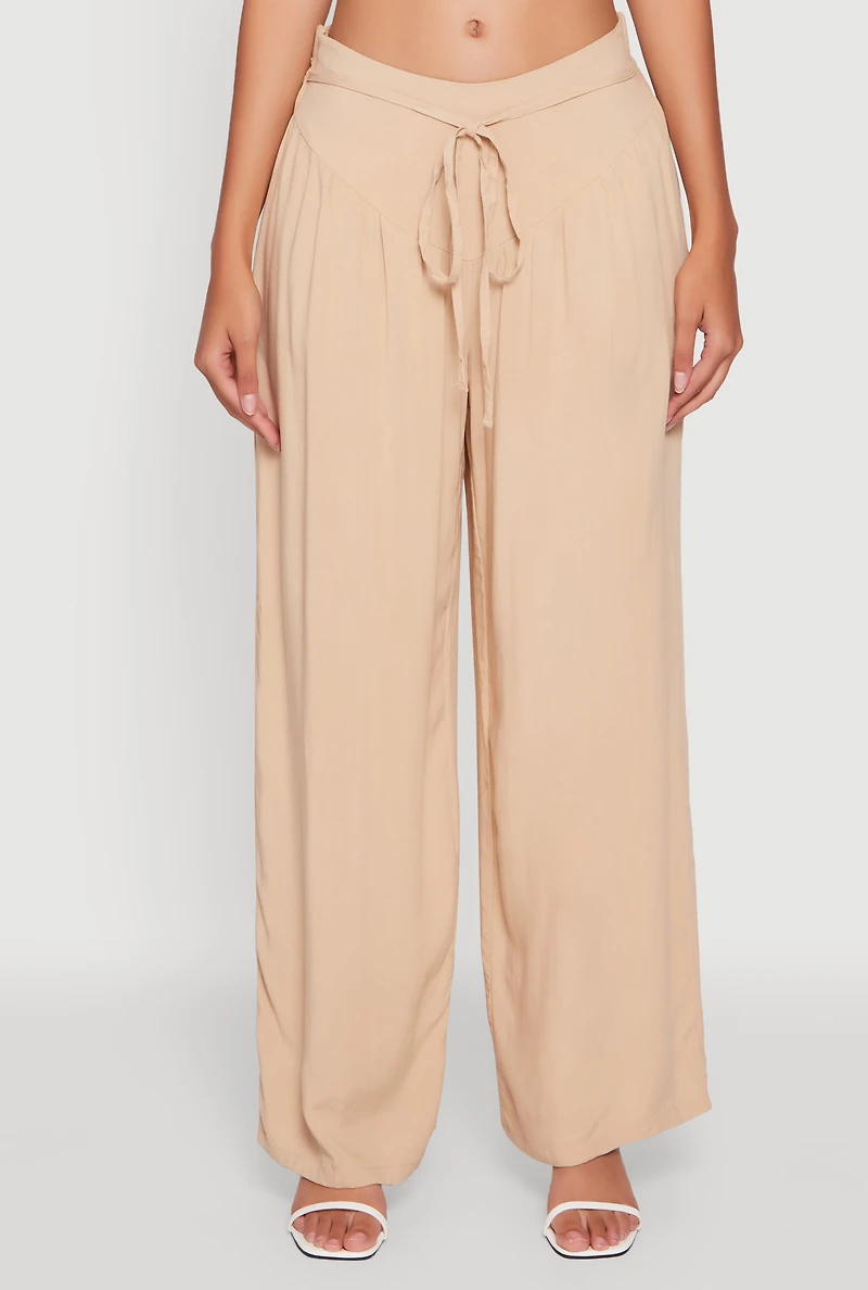 Womens Tie Front Wide Leg Palazzo Pants, Khaki, Size S