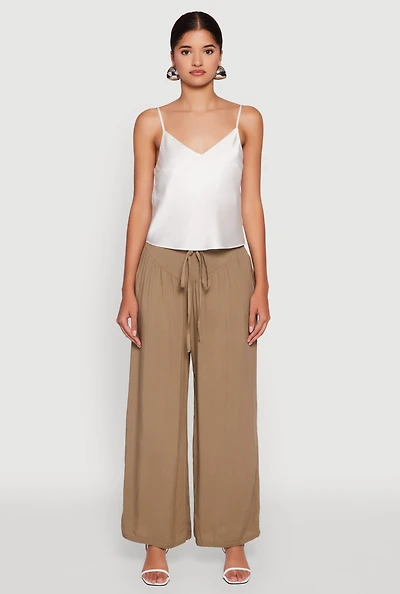Womens Tie Front Wide Leg Palazzo Pants, Green, Size L