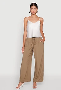 Womens Tie Front Wide Leg Palazzo Pants, Green, Size L