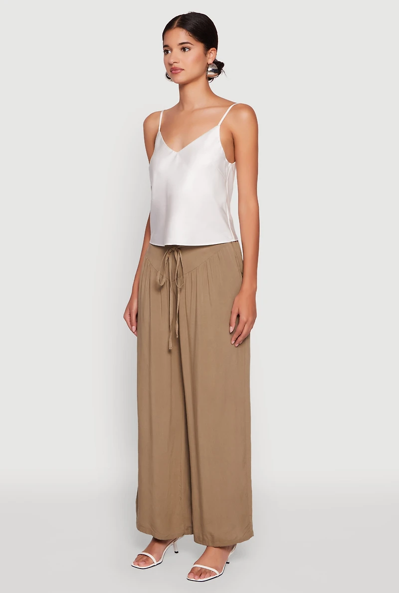 Womens Tie Front Wide Leg Palazzo Pants, Green, Size L