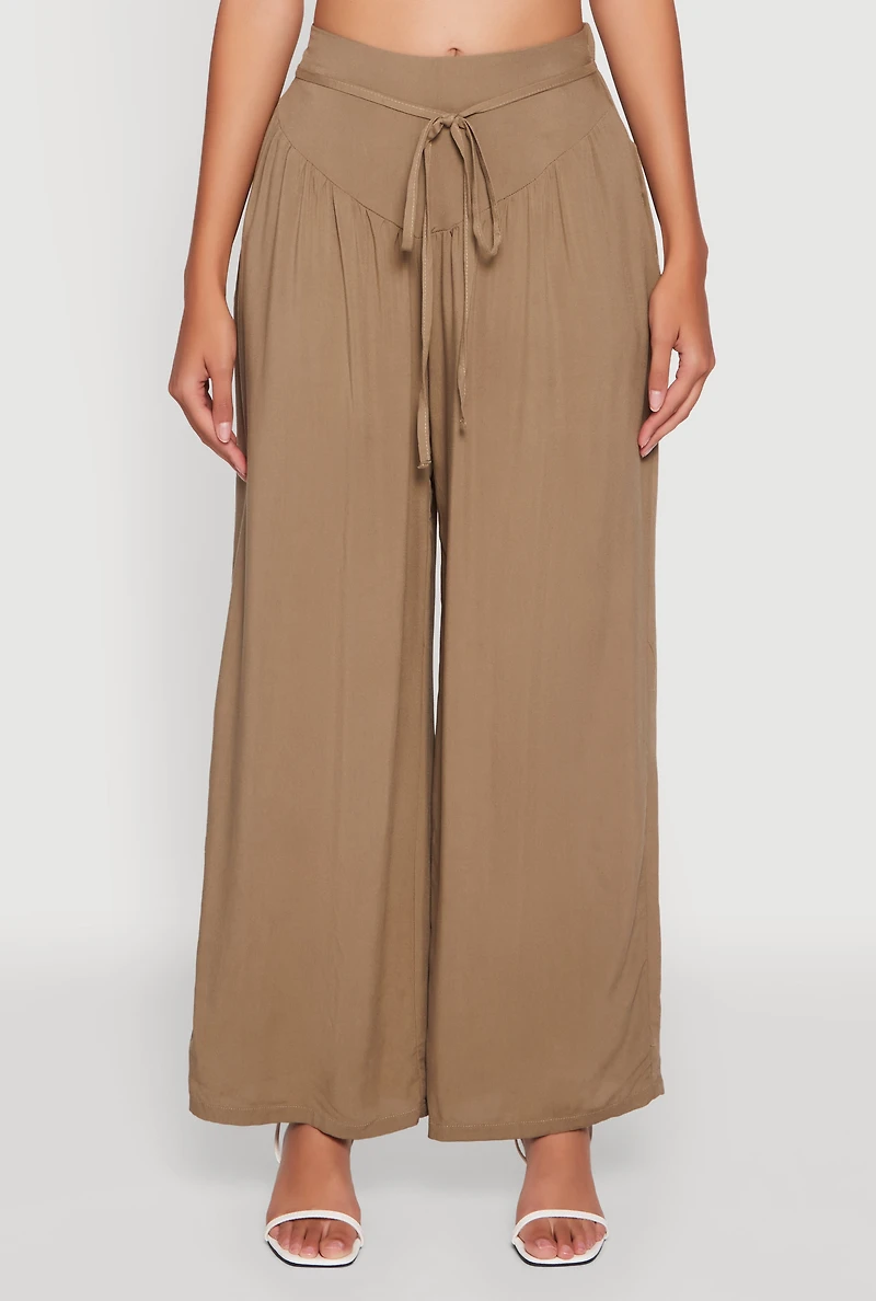 Womens Tie Front Wide Leg Palazzo Pants, Green, Size L