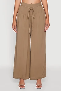 Womens Tie Front Wide Leg Palazzo Pants, Green, Size L