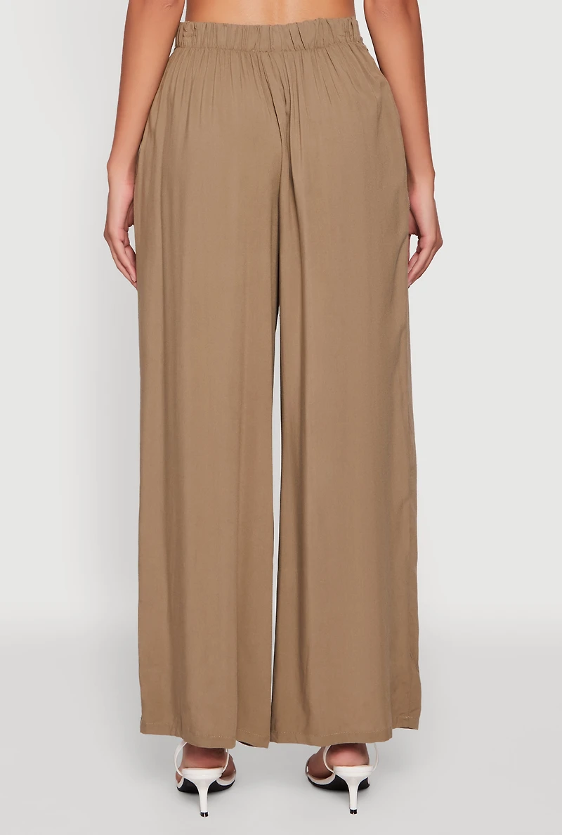 Womens Tie Front Wide Leg Palazzo Pants, Green, Size L