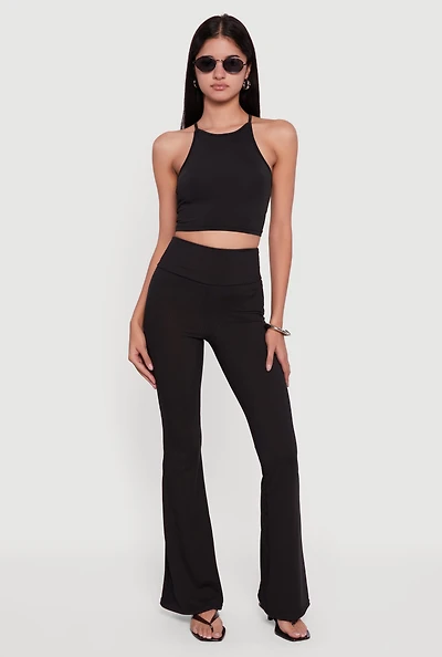 Womens Ribbed Knit High Waisted Flare Leg Pants,