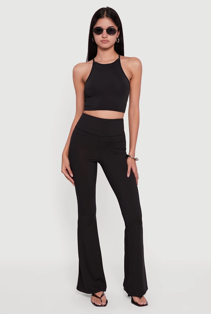 Ribbed Knit High Waisted Flare Leg Pants