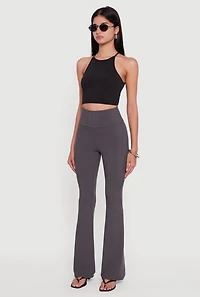 Womens Ribbed Knit High Waisted Flare Leg Pants, Grey, Size M