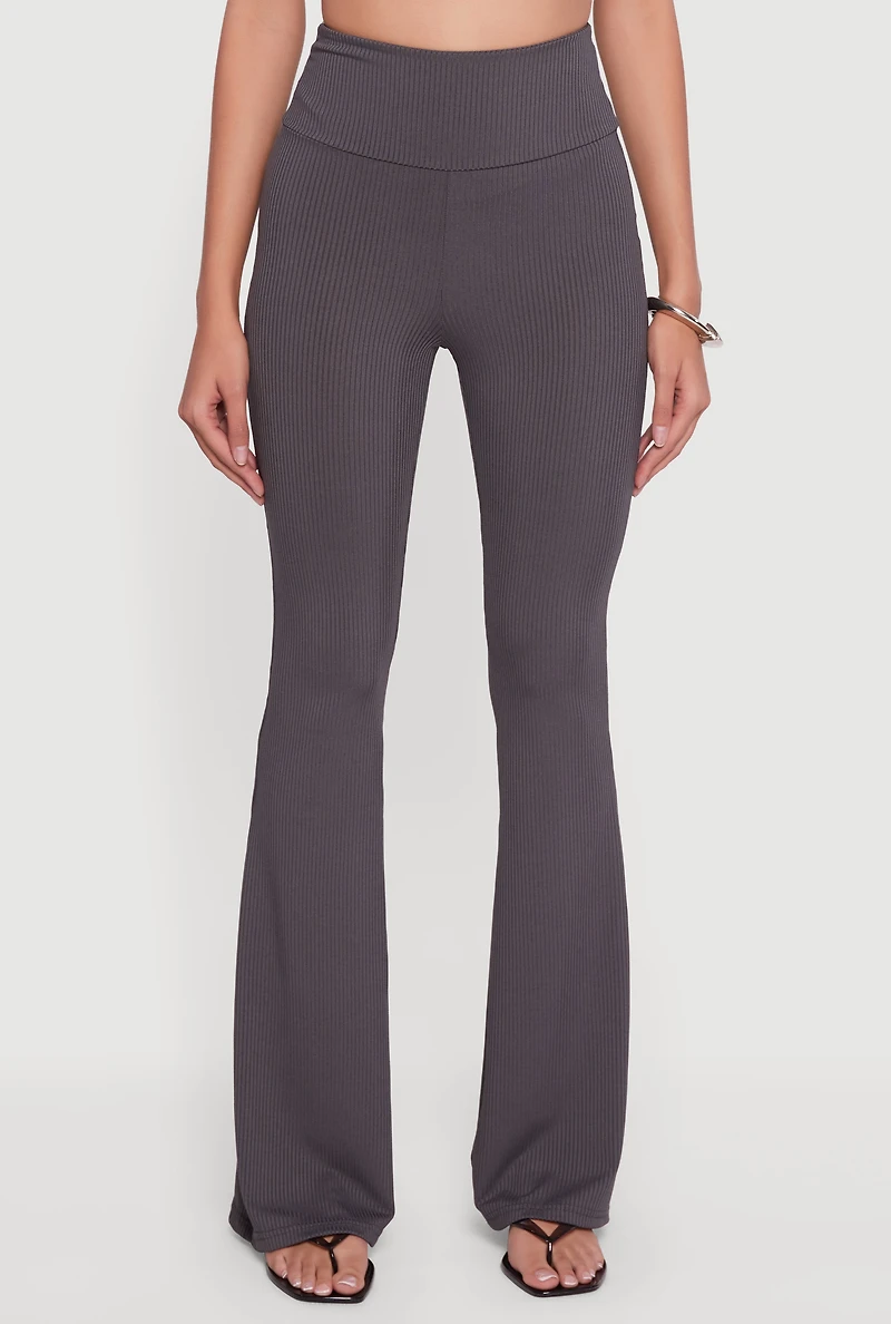 Ribbed Knit High Waisted Flare Leg Pants