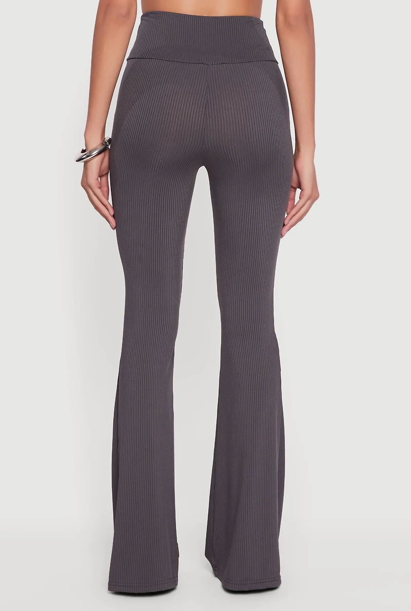 Womens Ribbed Knit High Waisted Flare Leg Pants, Grey, Size M