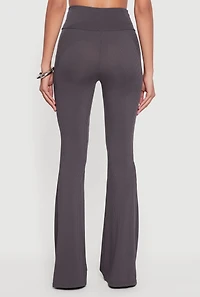 Womens Ribbed Knit High Waisted Flare Leg Pants, Grey, Size M