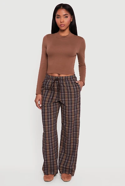 Plaid Flannel Drawstring Waist Wide Leg Pants