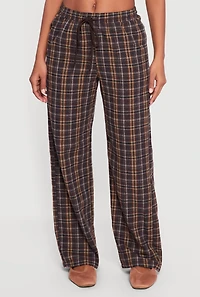 Womens Plaid Flannel Drawstring Waist Wide Leg Pants,