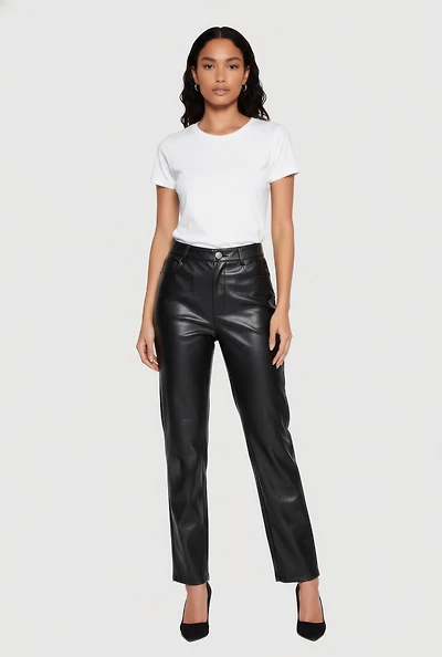 Womens Faux Leather High Waisted Straight Leg Dress Pants,