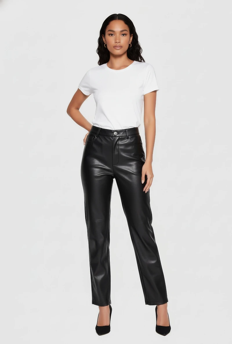 Womens Faux Leather High Waisted Straight Leg Dress Pants,
