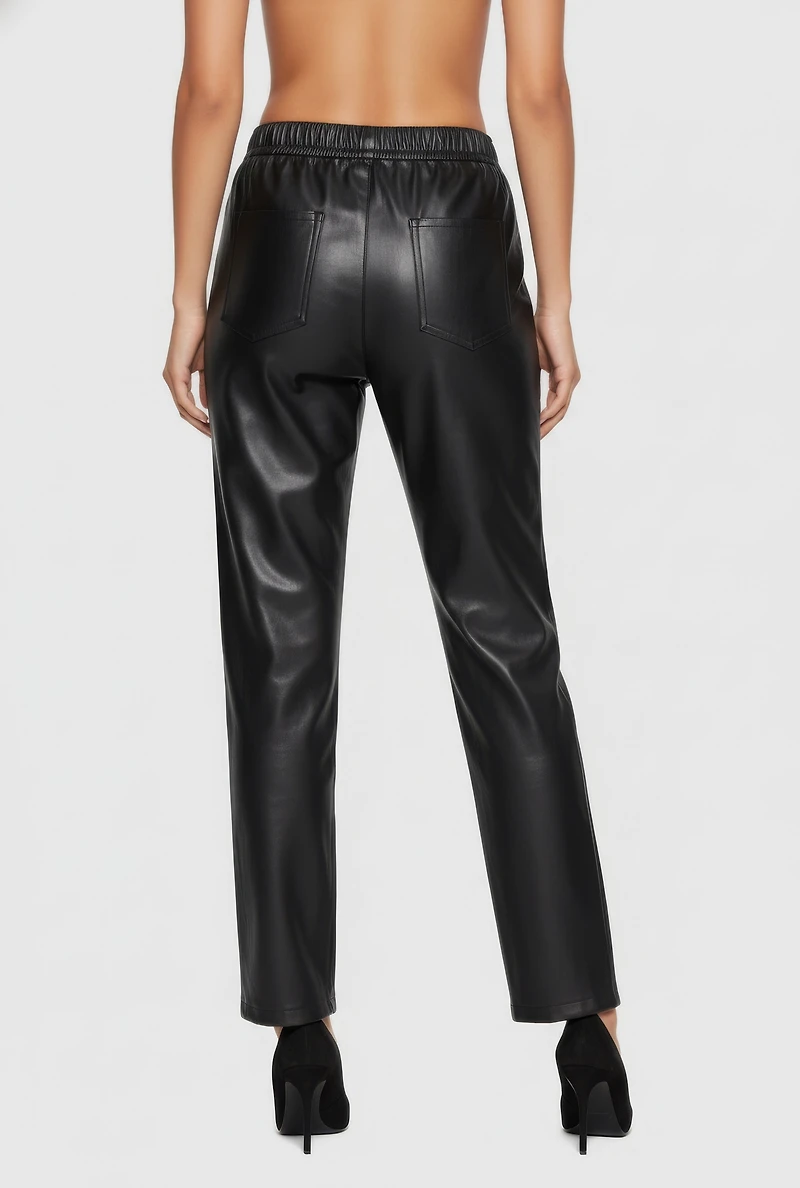 Womens Faux Leather High Waisted Straight Leg Dress Pants,