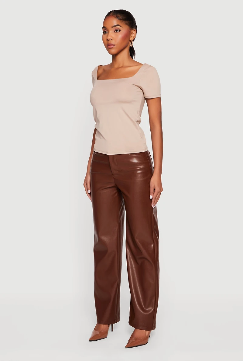 Faux Leather High Waisted Straight Leg Dress Pants