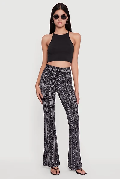 Womens Boho Border Print High Waisted Flare Leg Pants,