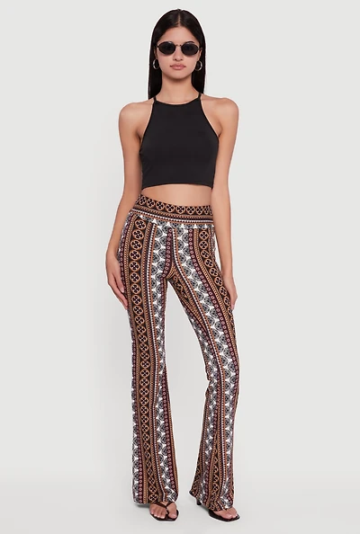 Womens Boho Border Print High Waisted Flare Leg Pants,
