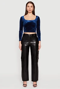 Womens Faux Leather Straight Leg Utility Pants,