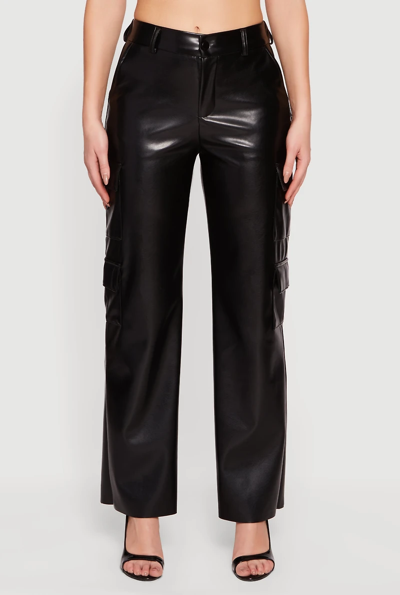 Womens Faux Leather Straight Leg Utility Pants,