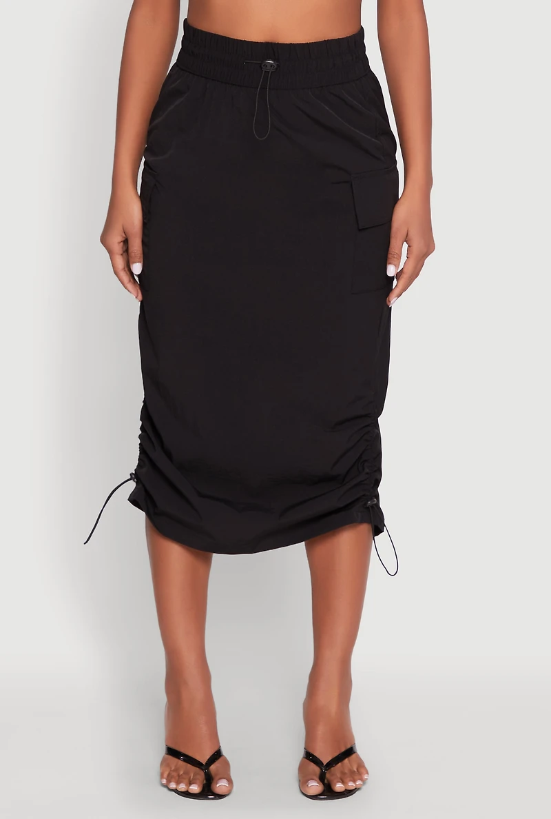 Womens Toggle Drawstring Nylon Cargo Skirt, Black, Size M