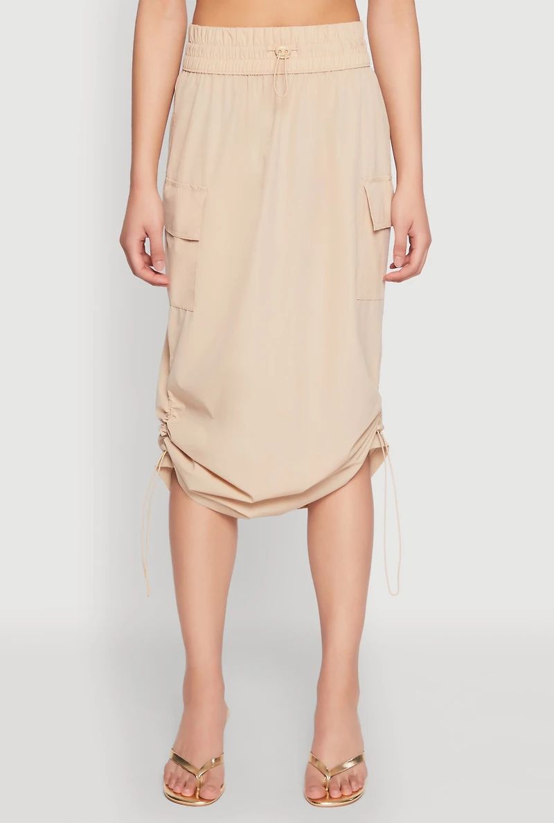 Womens Toggle Drawstring Nylon Cargo Skirt, Khaki, Size M
