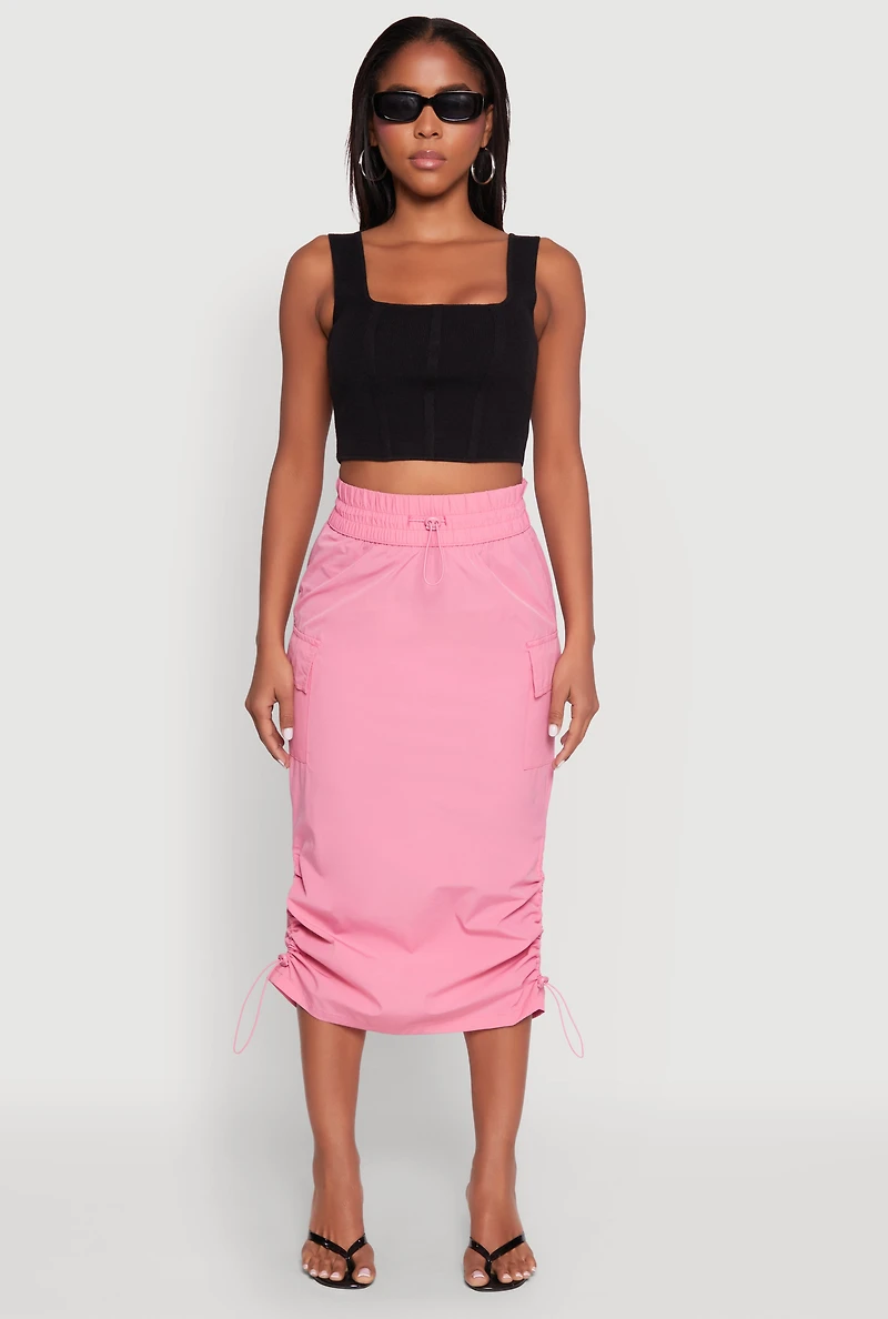 Womens Toggle Drawstring Nylon Cargo Skirt, Pink, Size XL