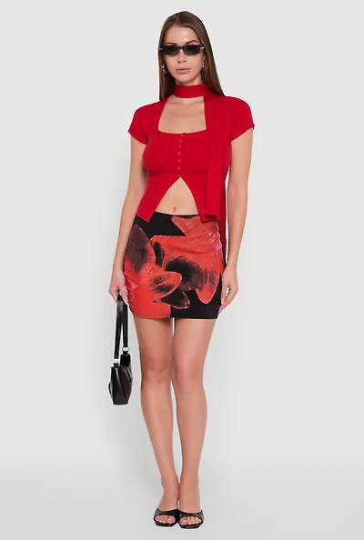 Womens Abstract Flower Mini Skirt, Multi, Size M