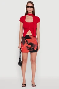 Womens Abstract Flower Mini Skirt, Multi, Size M