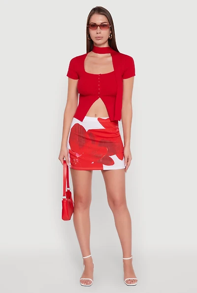 Womens Abstract Flower Mini Skirt, Red, Size M