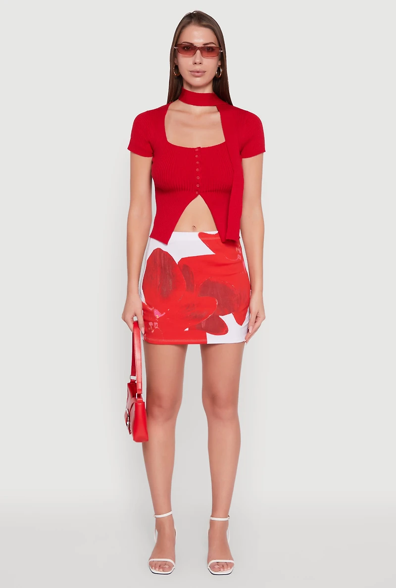 Womens Abstract Flower Mini Skirt, Red, Size M