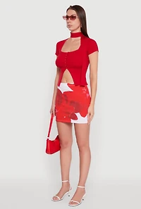 Womens Abstract Flower Mini Skirt, Red, Size M
