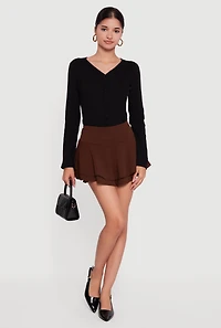 Womens Mini Tiered Crepe Knit Skirt with Ruffles, Brown,