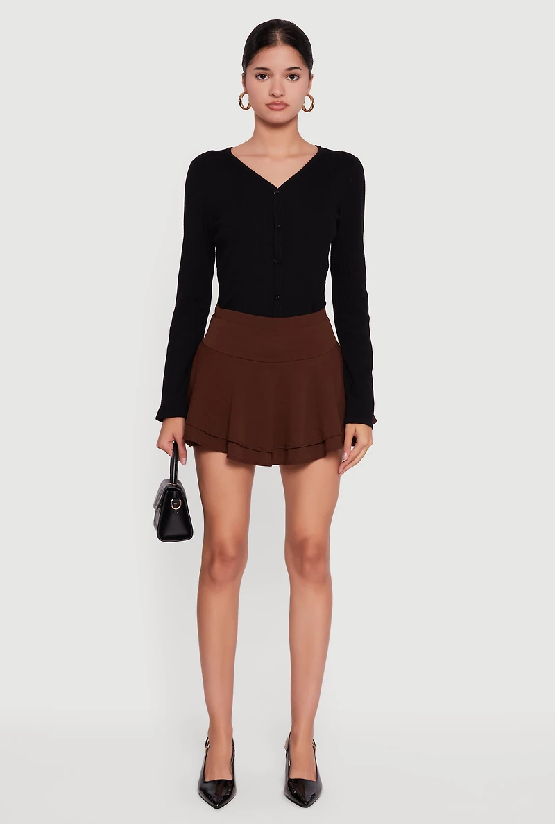 Womens Mini Tiered Crepe Knit Skirt with Ruffles, Brown,