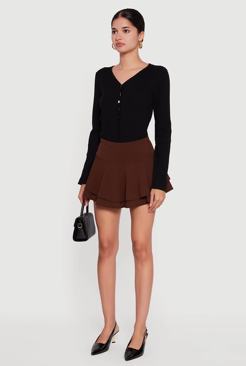 Womens Mini Tiered Crepe Knit Skirt with Ruffles, Brown,