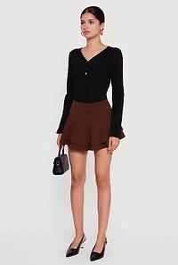 Womens Mini Tiered Crepe Knit Skirt with Ruffles, Brown,