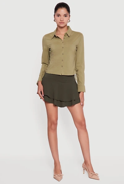 Womens Mini Tiered Crepe Knit Skirt with Ruffles, Green, Size S