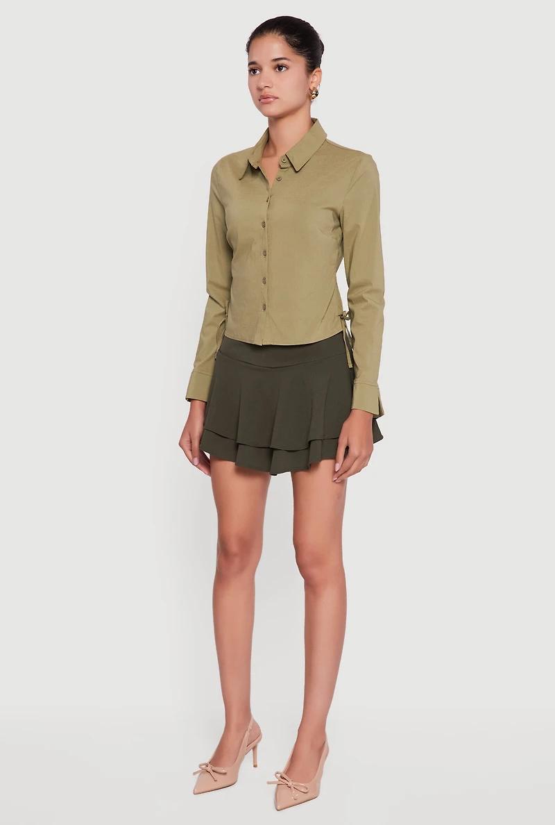 Womens Mini Tiered Crepe Knit Skirt with Ruffles, Green, Size S
