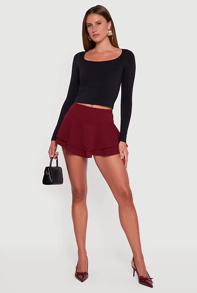 Womens Mini Tiered Crepe Knit Skirt with Ruffles,