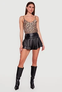 Womens Faux Leather Ruffle Tiered Skort, Black,