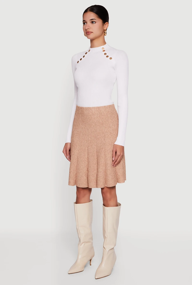 Textured Knit High Waisted Pleated Midi Skirt