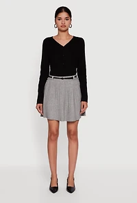 Marled High Waisted Pleated Skirt with Belt