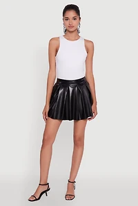 Womens Trendy Faux Leather High Waisted Pleated Mini Skirt, Black, Size L