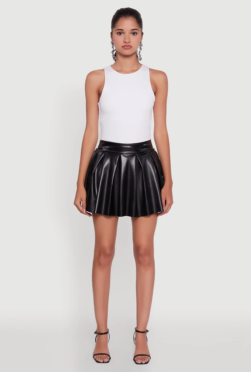 Womens Trendy Faux Leather High Waisted Pleated Mini Skirt, Black, Size L